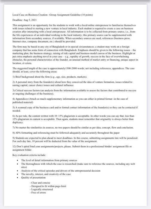 Local Case on Business Creation Group Assignment