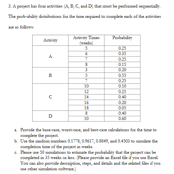 3. A project has four activities (A, B, C, and