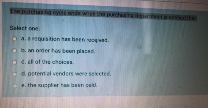 The purchasing cycle ends when the purchasing