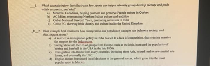 1 Which example below best illustrates how sports