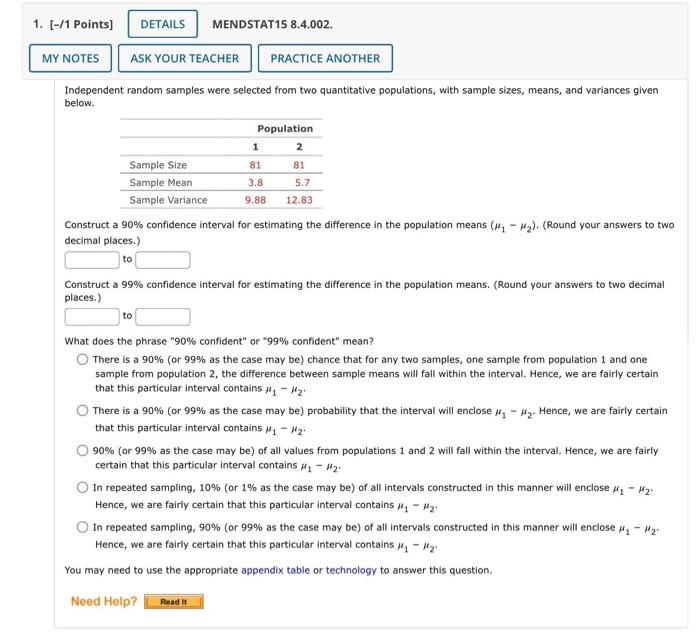 1. [-/1 Points) DETAILS MENDSTAT15 8.4.002. MY