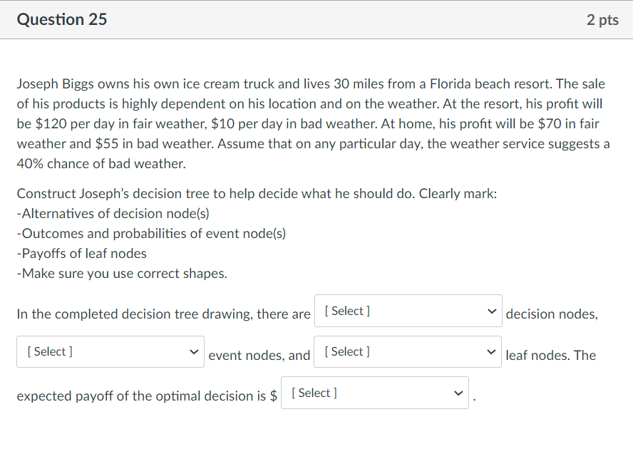 Question 25 2 pts Joseph Biggs owns his own ice