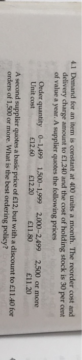 4.1 Demand for an item is constant at 400 units a