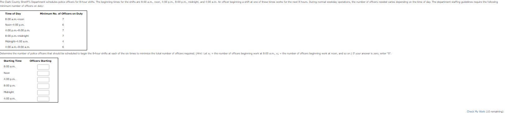 \begin{tabular}{ll|} \hline Time of Day & Minimum