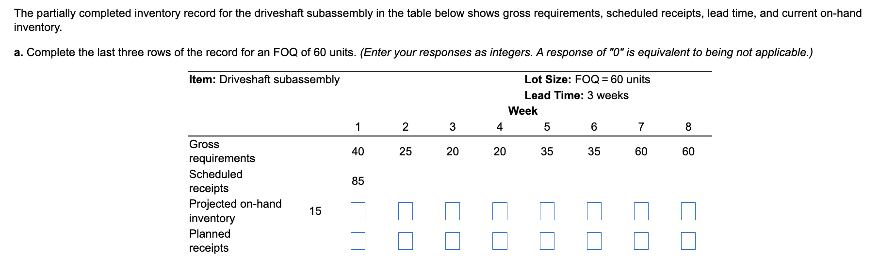 The partially completed inventory record for the