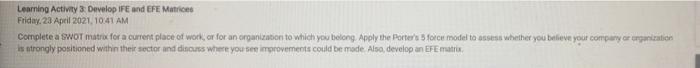Learning Activity 3. Develop IFE and EFE Matrices