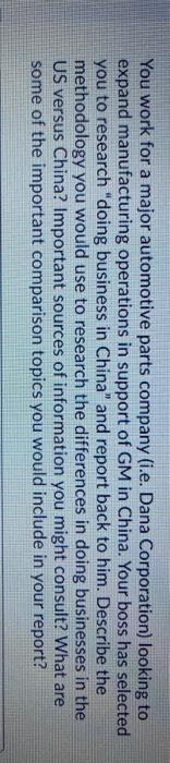 You work for a major automotive parts company