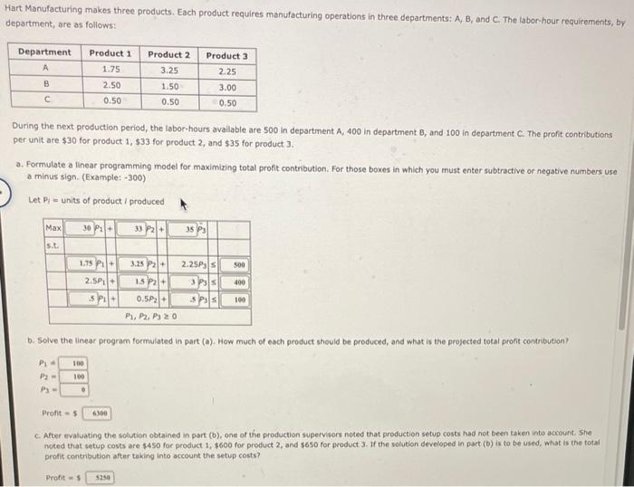 Hart Manufacturing makes three products. Each