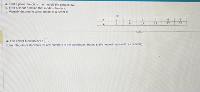 a. Find a power function that models the data