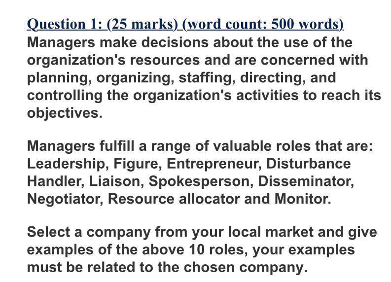 Question 1: (25 marks) (word count: 500 words).