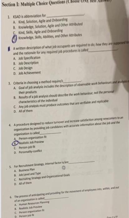 Section 1: Multiple Choice Questions (C 1. KSAO