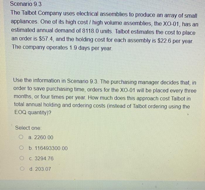 asap Scenario 9.3 The Talbot Company uses