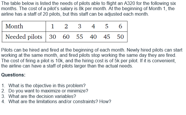 The table below is listed the needs of pilots