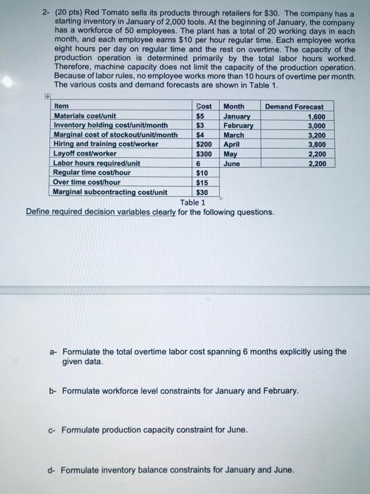 2- (20 pts) Red Tomato sells its products through