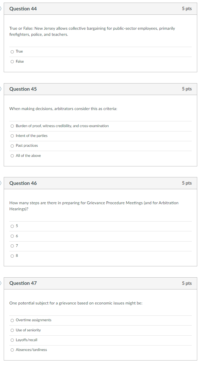 Question 44 5 pts True or False: New Jersey