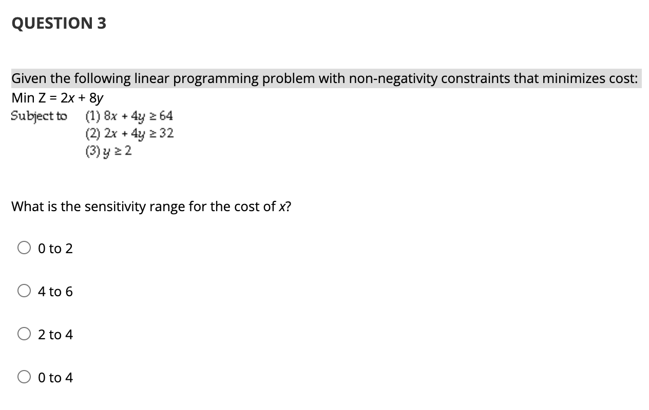 QUESTION 3 Given the following linear programming