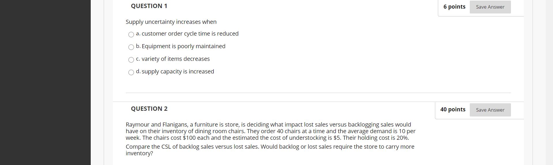 QUESTION 1 6 points Save Answer Supply