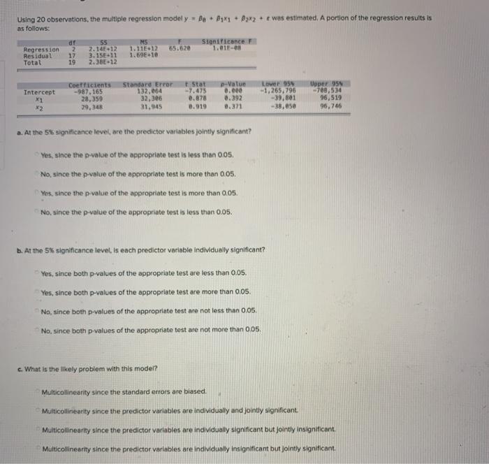 Using 20 observations, the multiple regression