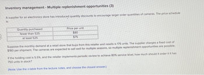 Inventory management - Multiple replenishment