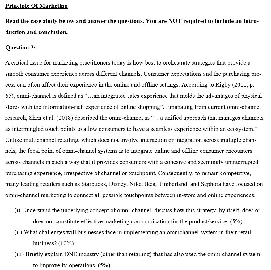 Principle of Marketing Read the case study below