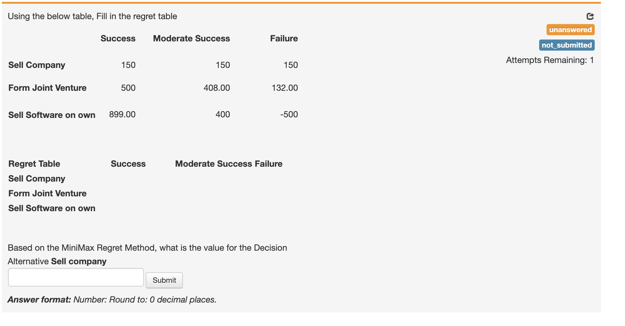 Using the below table, Fill in the regret table