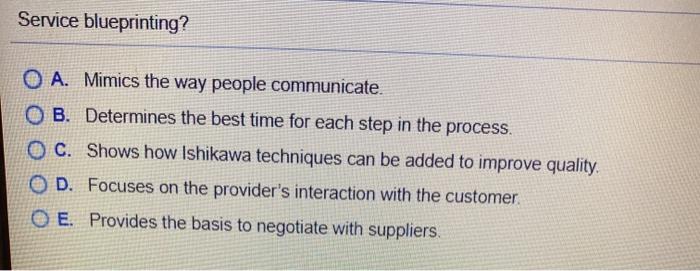 Service blueprinting? O A. Mimics the way people