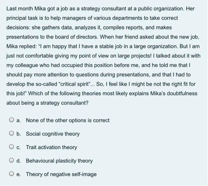 Last month Mika got a job as a strategy