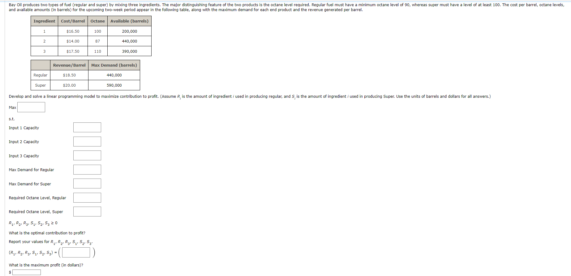 Bay Oil produces two types of fuel (regular and