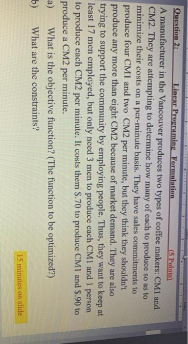 Question 2: Linear Programing Formulation (5