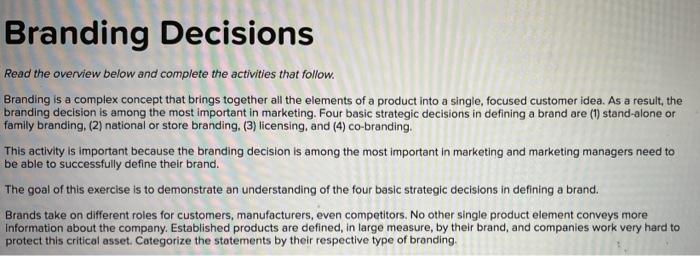 Branding Decisions Read the overview below and
