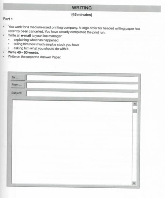 WRITING (45 minutes) Part 1 . You work for a