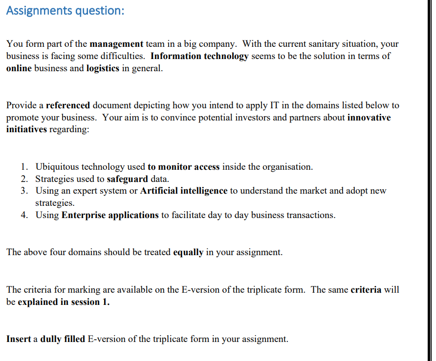 Assignments question: You form part of the
