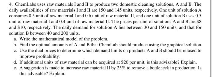 4. ChemLabs uses raw materials I and II to