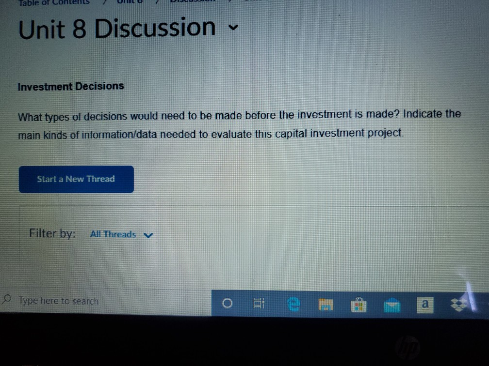 Table of Contents Unit 8 Discussion Investment