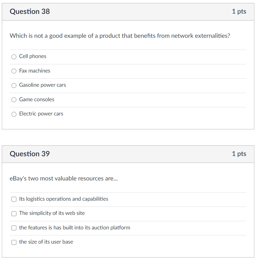 Question 38 1 pts Which is not a good example of