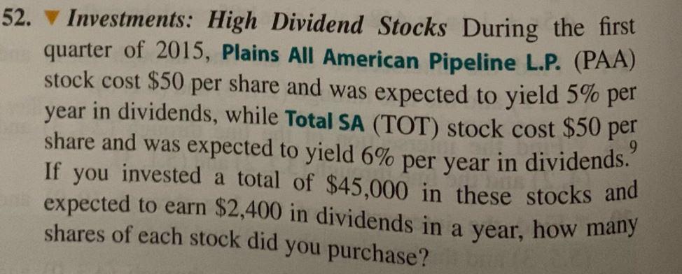 52. Investments: High Dividend Stocks During the