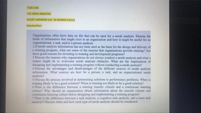 TASK ONE THE NEED ANALYSIS SHORT ANSWERS (40-50