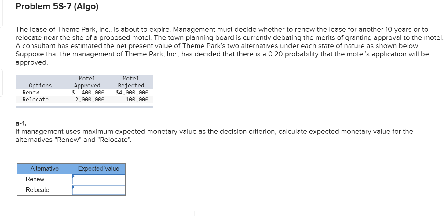 Problem 5S-7 (Algo) The lease of Theme Park,