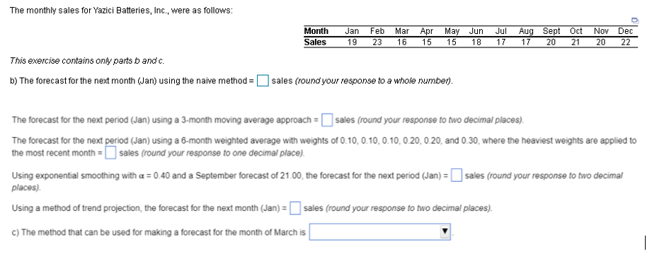 The monthly sales for Yazici Batteries, Inc.,