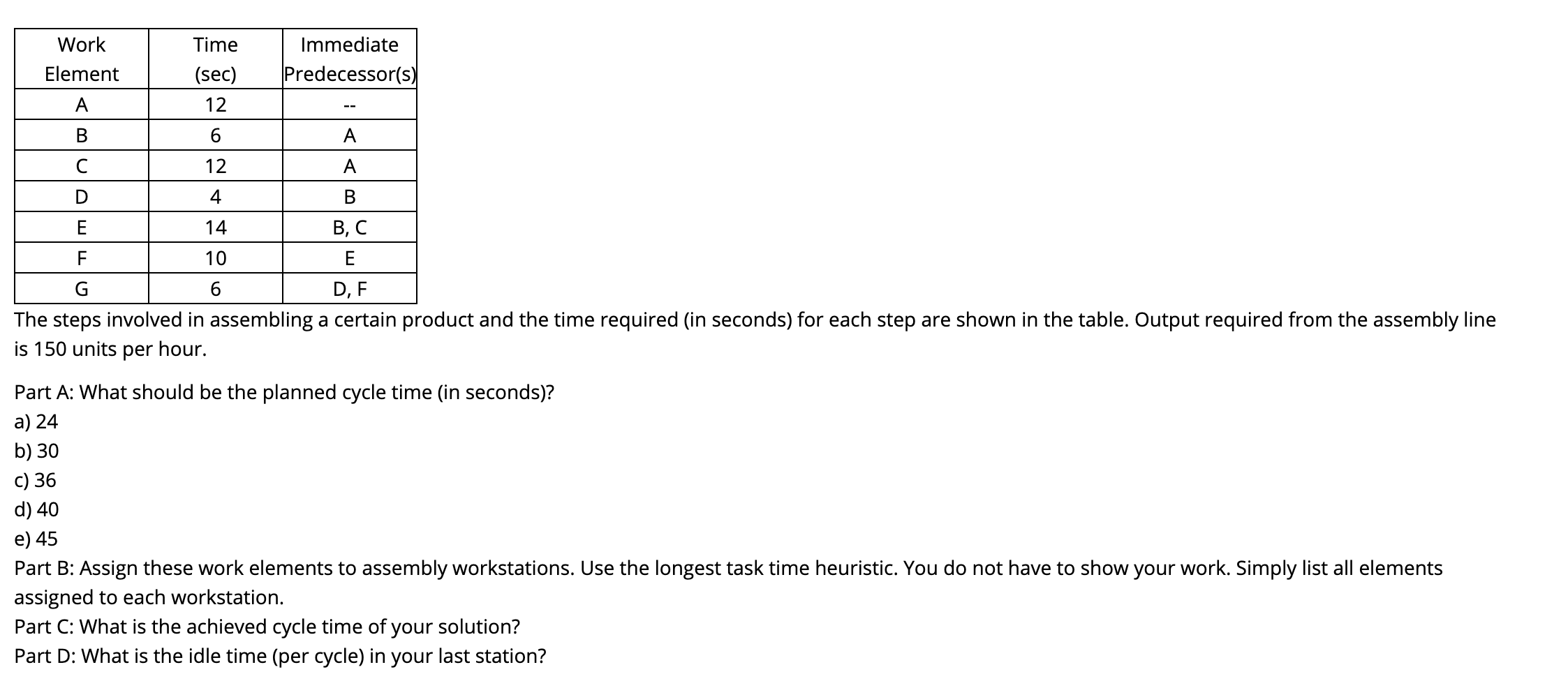 Work Element Time (sec) 12 Immediate