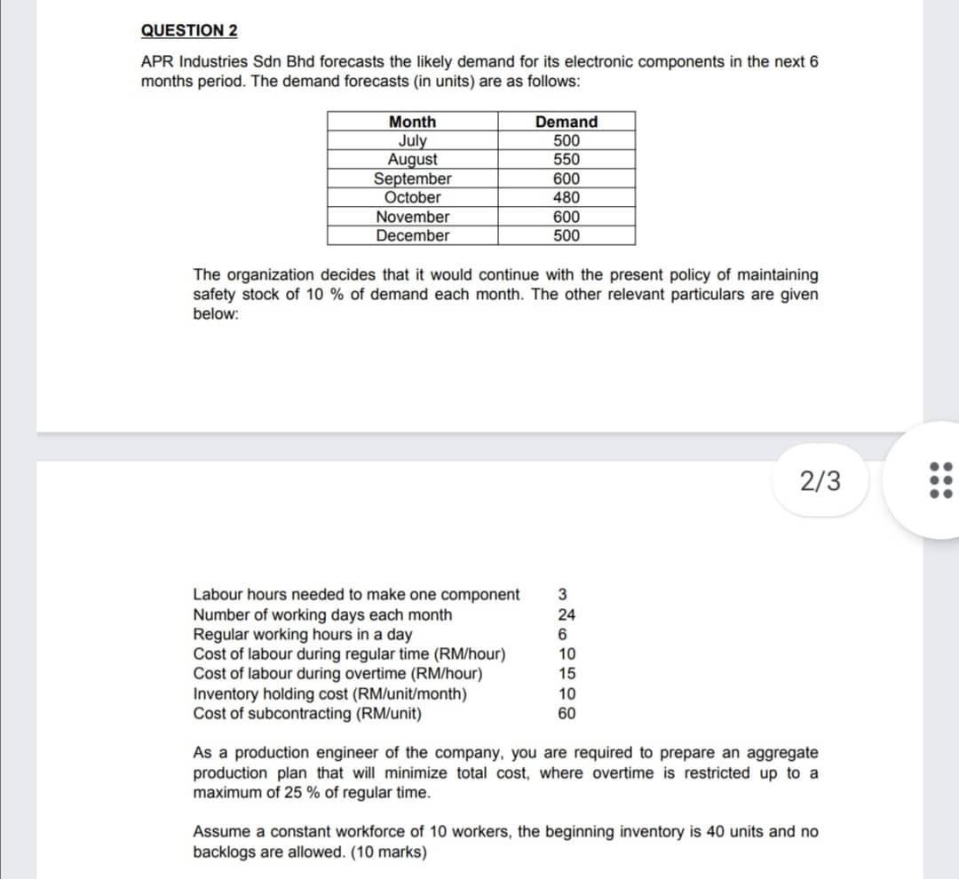 QUESTION 2 APR Industries Sdn Bhd forecasts the