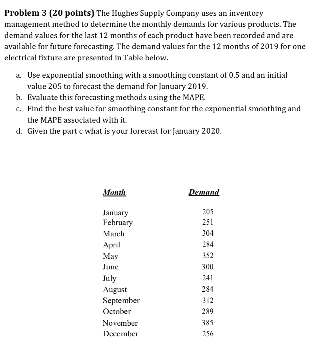 Problem 3 (20 points) The Hughes Supply Company