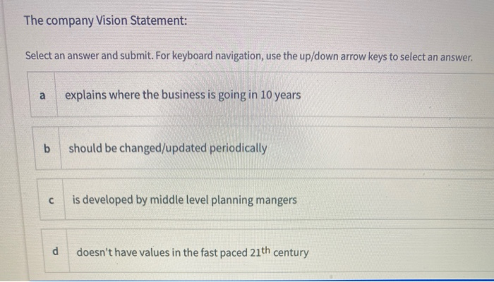The company Vision Statement: Select an answer