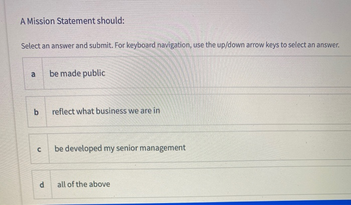 The company Vision Statement: Select an answer