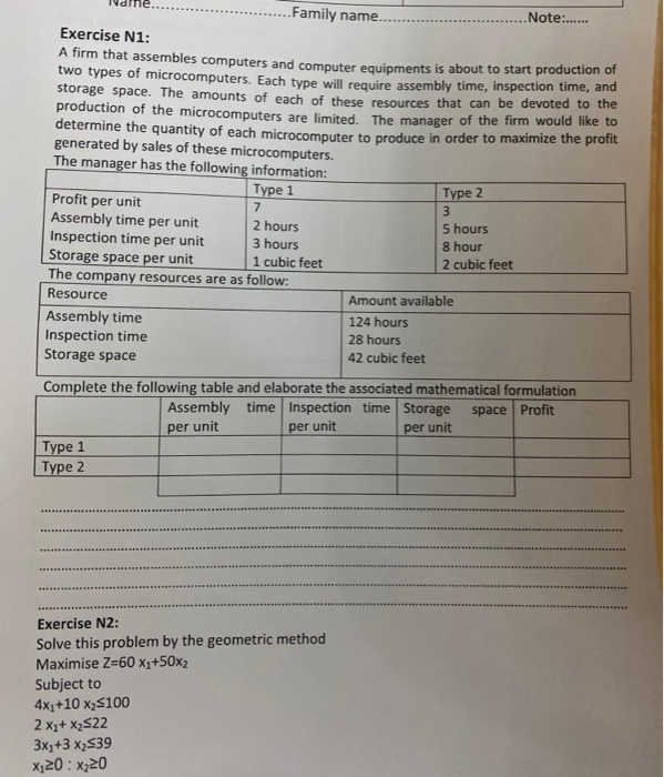 .Family name. .Note:...... Exercise N1: A firm