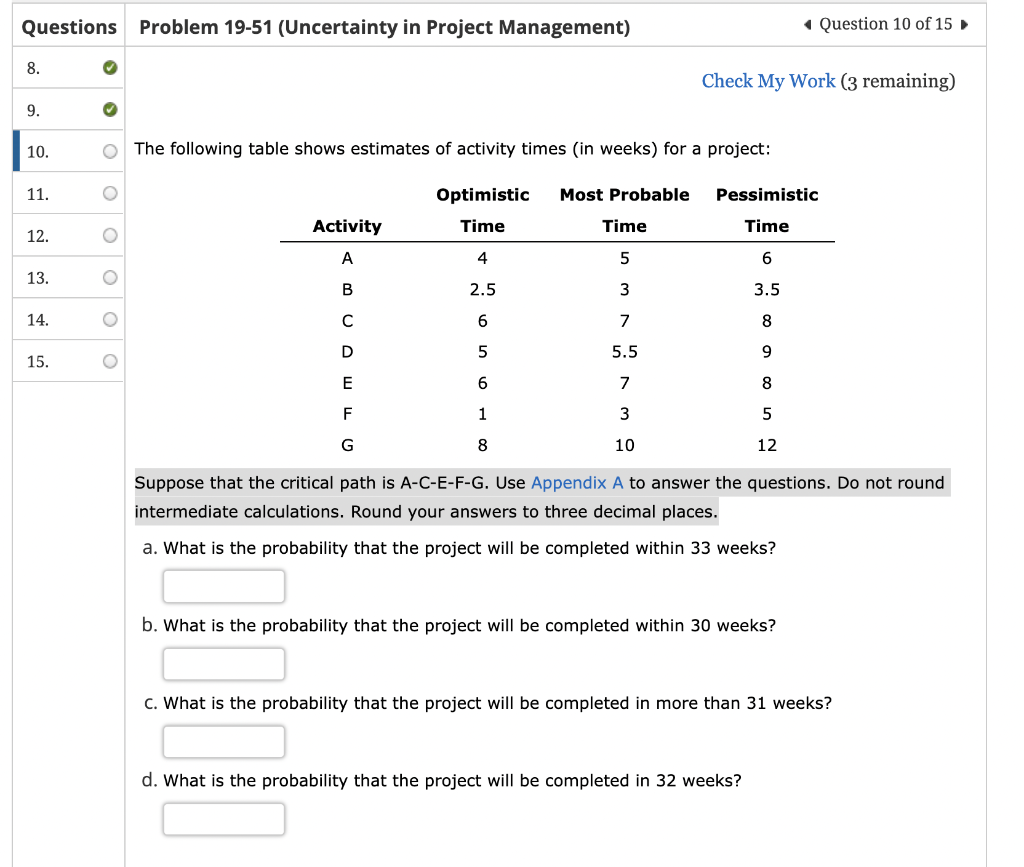 Questions Problem 19-51 (Uncertainty in Project