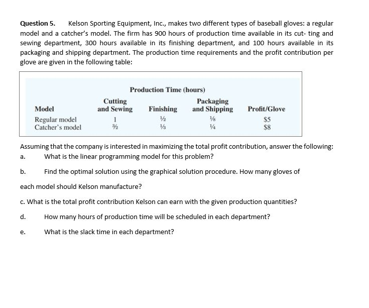 Question 5. Kelson Sporting Equipment, Inc.,