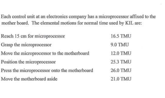 Each control unit at an electronics company has a