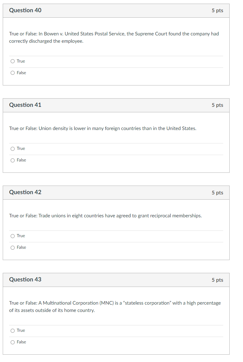 Question 40 5 pts True or False: In Bowen v.
