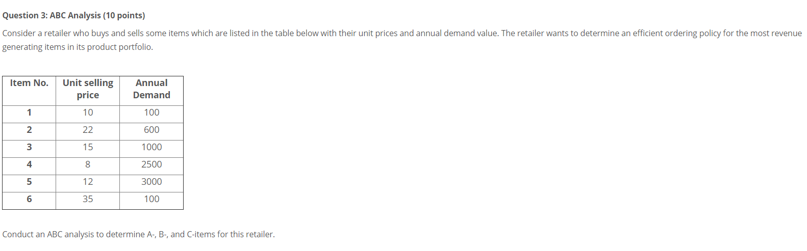 Question 3: ABC Analysis (10 points) Consider a